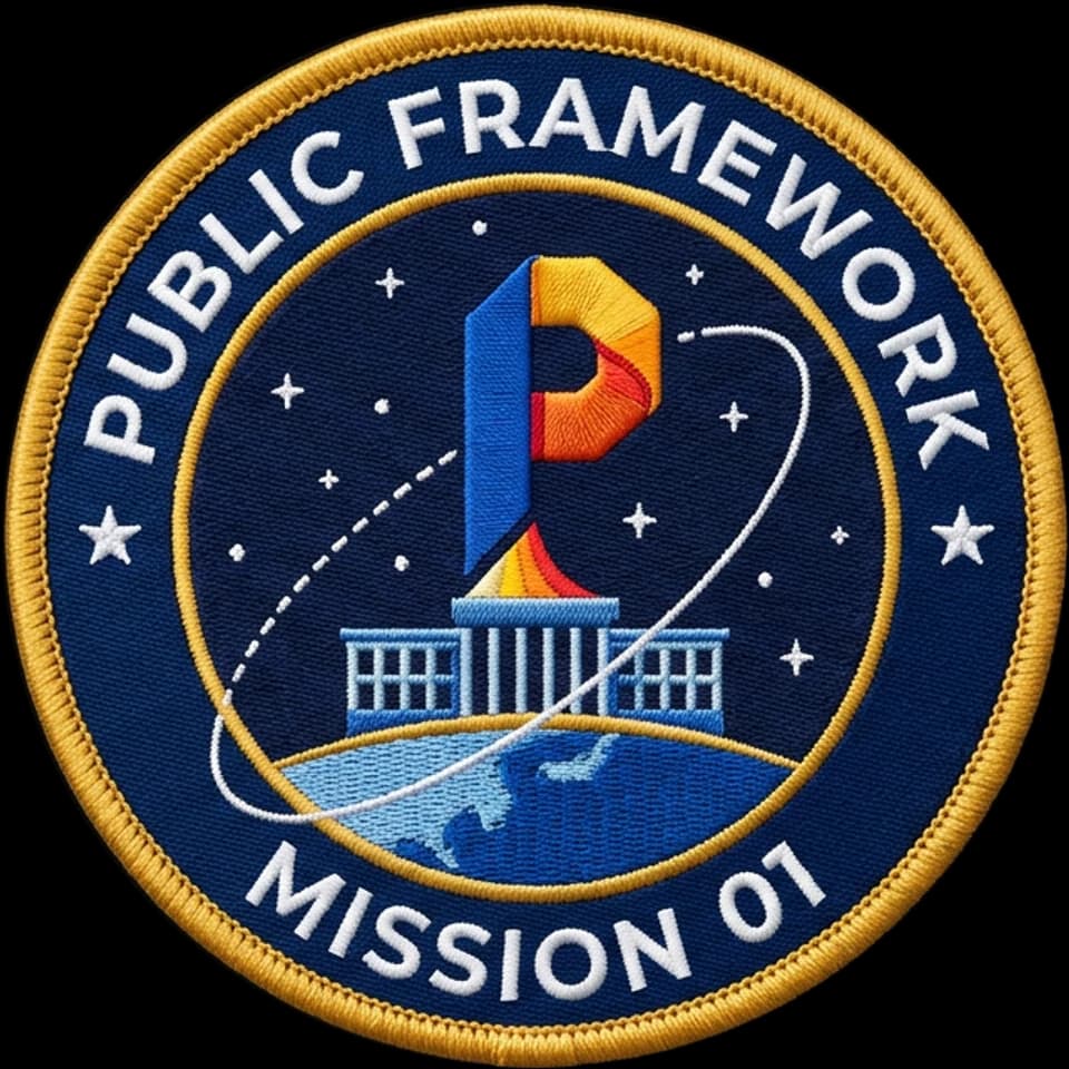 Ecuson de misiune Public Framework: simbolul P decolează ca o rachetă de deasupra unei clădiri publice, pe o orbită în jurul Pământului